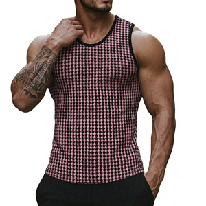 Custom Logo Men's Muscle Fit Houndstooth Tank Top Wholesale High Stretch Sleeveless Gym <b>Vest</b> Premium Cotton Spandex Tank Tops - Product Image 5
