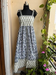 Green Cotton Maxi Dress with <b>Adjustable</b> Straps <b>Square</b> Collar Block Print Indian Style and Pocket Long Summer Wear Maxi Dress - Product Image 6