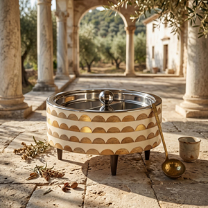 Marble & Wood Inlay Footed <b>Serving</b> <b>Dish</b> With Metal Silver Lid Round Shape Elegant Design Durable Finish For High-End Dining - Product Image 1