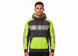 men <b>hi</b> <b>vis</b> reflective safety hoodie neon <b>orange</b> charcoal grey color block fleece pullover zippered pocket hooded sweatshirt top - Product Image 5