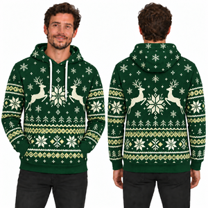 Men's Gray Christmas Reindeer Print Hooded Sweatshirt Knitted Polyester Casual Winter Hoodie with Pocket Design - Product Image 2