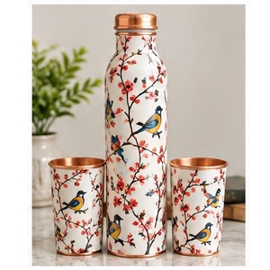 Asethetic Copper <b>Water</b> <b>Bottle</b> with <b>White</b> Flower Design Portable Travel Drinkware Set - Product Image 2