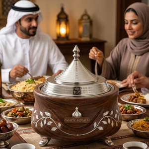 Juego de buffet de madera curvada con incrustaciones de nácar Heritage, con tapa de acero inoxidable estilo tajín, vajilla Khaleeji, olla para guisar. - Product Image 5
