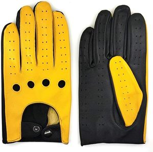 Guantes de Conducción de Cuero Genuino Perforado de Primera Calidad para Hombre, Clásicos Vintage Negros y Amarillos Transpirables - Product Image 1