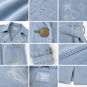 Gabardina vaquera unisex azul pálido con pedrería, abrigo largo con cinturón, chaqueta de moda gótica Y2K estilo streetwear - Product Image 4