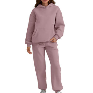 Ensemble de survêtement deux pièces en coton épais pour femme, à séchage rapide, avec sweat à capuche et pantalon de jogging uni - Product Image 1