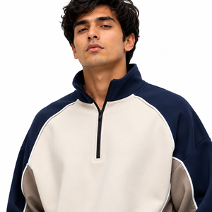 Conjunto de Sudadera con Capucha Holgada de Bloques de Color con Cierre de Cremallera y Pantalones de Chándal de Algodón Personalizados con Cordón y Ribete para Hombre - Product Image 4