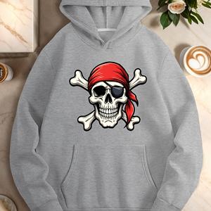 Sweat à capuche décontracté pour femme avec imprimé crâne de pirate et cache-œil, tissu tricoté 100% polyester, vêtement d'automne, couleur verte - Product Image 6