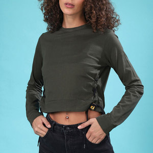 T-shirt en tricot à manches longues et col rond pour femme, couleur olive, coupe ajustée, décontracté, respirant, couleur unie, toutes saisons - Product Image 1