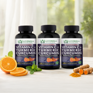 Livewell Vitamina C, Cúrcuma, Curcumina, Bioperina, Bioflavonoides, 180 Tabletas, Paquete de Tres, Apoyo Inmunológico - Product Image 3
