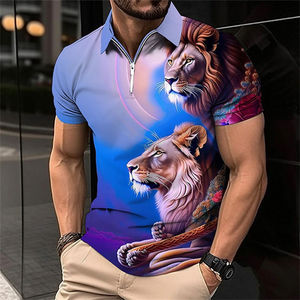 Custom Men's Short Sleeve Polo Shirt With Colorful Lion Print Zipper Design Casual Breathable Knitted <b>Polyester</b> Top - Product Image 2