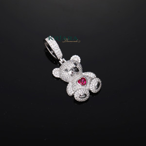 Cartoon <b>Bear</b> Pendant 925 Silver Rhodium Plated Round Lab Grown Diamond Prong Setting Unisex <b>Cute</b> Charm Everyday Wear - Product Image 1