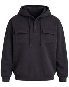 Sudadera con Capucha Negra para Hombre, con Cierre de Botones, Bolsillo Doble en el Pecho, Estilo Casual Urbano, Fabricante OEM Personalizado - Product Image 1