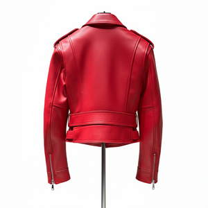 แจ็คเก็ตหนังแท้สีแดงคุณภาพสูงสำหรับผู้หญิง ทรงสลิมฟิต หนังแกะนุ่ม สไตล์ไบค์เกอร์ พร้อมเข็มขัด - Product Image 2