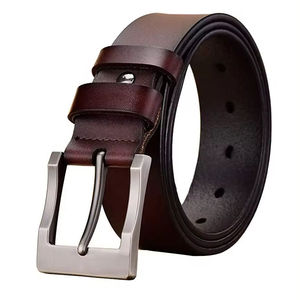 Cinturón Casual de Cuero Genuino para Hombre, Color Marrón Sólido, Piel de Vaca, Duradero, Ajustable, Hebilla de Calavera Plateada, 110 cm - Product Image 1