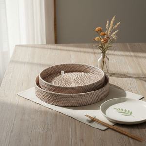 Popular Woven Rattan Serving <b>Tray</b> <b>Round</b> Shape Decorative Style, Decorative <b>Round</b> Rattan <b>Tray</b> for Living Room Coffee Table - Product Image 1