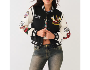 Vestes universitaires brodées personnalisées avec logos, vestes Letterman brodées/chenille pour hommes et femmes, corps en laine, manches en cuir. - Product Image 3