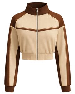 Chaqueta deportiva corta beige marrón para mujer con cremallera, para gimnasio, fitness, ropa deportiva, con rayas en contraste, para entrenamiento, fabricante. - Product Image 1
