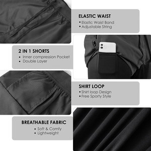 High Elastic Waistband 2 in 1 Gym <b>Shorts</b> For <b>Men</b> Drawstring Closure Type Inner <b>Compression</b> Liner Pocket <b>Shorts</b> OEM Service - Product Image 2