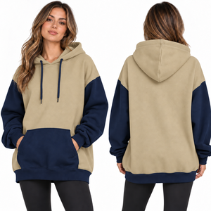 Women's Oversized Hooded Sweatshirt Color Blocked White Beige Fleece Breathable Eco-Friendly Pocket Design Long Sleeve Winter - Product Image 3