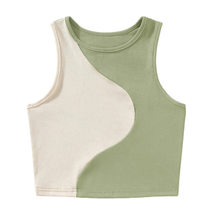 Débardeur côtelé color-block pour femme, col rond, sans manches, coupe courte, style minimaliste, respirant, en mélange de coton et élasthanne tricoté - Product Image 5