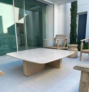 Table basse carrée en marbre travertin, table de patio extérieure 48x48x13, mobilier moderne pour jardin, terrasse, salon - Product Image 2