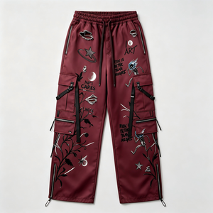 Men's Burgundy Graphic Print Cargo Pants Street Style Wide Leg <b>Trousers</b> With Drawstring <b>Elastic</b> <b>Waist</b> - Product Image 2
