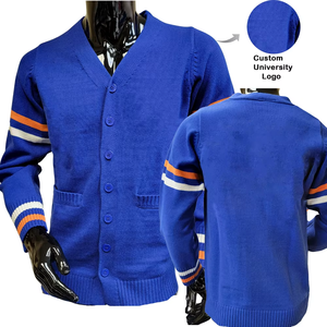เสื้อคาร์ดิแกนถักไหมพรมสีน้ำเงินคุณภาพสูงสำหรับผู้ชาย คอวี แขนยาว ติดกระดุมเม็ดเดียว ตกแต่งแบบแพทช์เวิร์ค สั่งทำได้ - Product Image 2