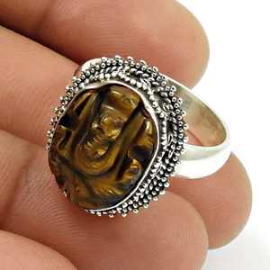 Anillo de Piedra Ojo de Tigre en Oferta con Diseño del Dios Ganesh, Hermoso Anillo Hindú Bohemio en Plata de Ley 925 - Product Image 2