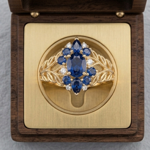 14K Yellow <b>Gold</b> Vintage Sapphire <b>Ring</b> Oval Pear Blue Gemstone Claw <b>Set</b> Leaf Band Anniversary Jewelry - Product Image 4