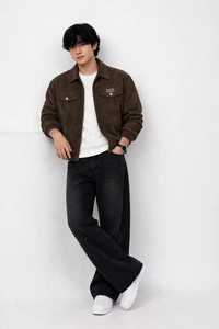 Chaqueta Unisex Marrón con Capucha y Cierre, Patrón Geométrico, Tela Lavada, Corte Holgado, Bolsillos Bordados en el Pecho, Estilo Casual para Otoño - Product Image 1