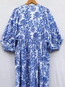 Premium Blue Cotton Floral Block Print Midi <b>Dress</b> With Puff Sleeve <b>Loose</b> Fit V-Neck Casual Summer <b>Dress</b> - Product Image 4