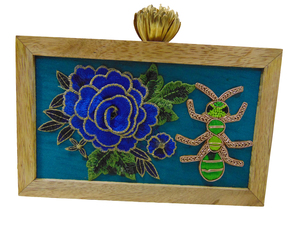 Handmade Floral Embroidery Metal Frame Clutch Box Bag Blue Rose <b>Green</b> Insect Design Rectangle Shape Evening Party Style - Product Image 3