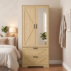 Armadio in Legno a 2 Ante per Camera da Letto con Asta Appendiabiti Interna e 2 Cassetti per Organizzazione e Stoccaggio - Product Image 1