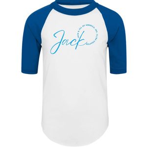 แจ็คแอนด์จิล เสื้อยืดแขนสามส่วนสีขาวรอยัลบลู แร็กแลน คอกลม ลายกราฟิก เสื้อเบสบอลลำลอง ยูนิเซ็กส์ สำหรับงานต่างๆ - Product Image 1