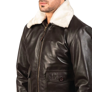 Chaqueta de Cuero Marrón de Piel de Oveja Auténtica de Primera Calidad para Hombre, con Cuello de Piel Blanca, Estilo Bomber, Ropa Exterior Informal, Moda, Venta al Por Mayor, Tendencia - Product Image 5