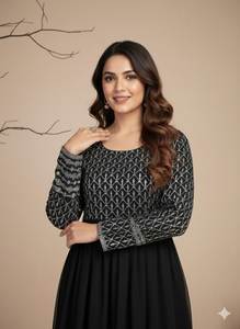 Robe Anarkali en soie de diamant de qualité supérieure, broderie et sequins, longueur au sol 56 pouces, entièrement cousue, tenue de soirée, vente en gros - Product Image 6