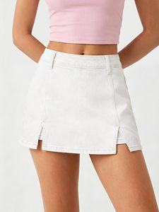 Jupe midi en jean pour femme, coupe trapèze, délavée, avec fentes avant et poches, style décontracté vintage, été, écologique, lavable, tendance - Product Image 2