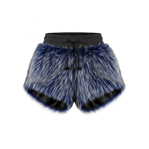 High Waist Faux <b>Fur</b> Shorts Women's Blue Gray Knitted Elastic Waist Breathable Sexy & Club Rivet with Black Trim - Product Image 2