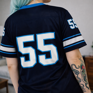 Maillot de football américain pour femmes, bleu marine, en maille, col en V, respirant, en polyester, maillot de football, t-shirts, numéro personnalisé, OEM, vente en gros, USA - Product Image 5