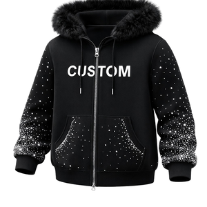 Sudadera con capucha para hombre, negra, personalizada con pedrería, con cremallera, forro polar, estilo urbano, con diseño de pedrería en las mangas. - Product Image 2