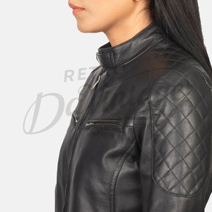 Premium Women Blue Real <b>Leather</b> Biker <b>Jacket</b> Slim Fit Soft Sheepskin Moto Coat Fashion Quilted Shoulder <b>Leather</b> Outerwear - Product Image 4