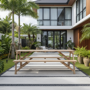 Ensemble de table à manger de pique-nique moderne en teck naturel avec structure en bois massif pour usage extérieur dans une villa, une salle de sport ou une ferme - Product Image 4