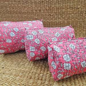 Set of 3 Toiletry Bags Floral Hand Block Printed Washable Makeup Cosmetic & Travel Bags with Pockets Gift for Her Birthday Gift - Product Image 4