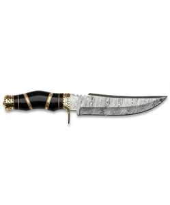 Couteau utilitaire avec croisillon en laiton gravé et manche en composite noir et bois, doté d'une lame fixe en acier Damas - Product Image 1
