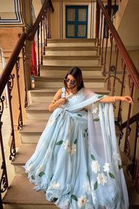 Exclusive ready to wear georgette ruffle lehenga <b>saree</b> digital print <b>stitched</b> blouse lace border dupatta for women - Product Image 2