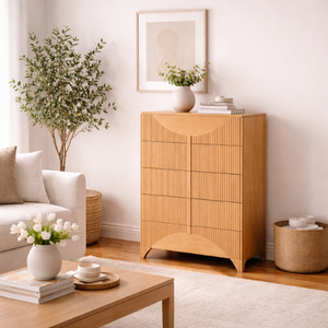 Cómoda moderna de madera con ranuras, 5 cajones, armario de almacenamiento para dormitorio, precio directo de fábrica, proveedor OEM ODM, venta al por mayor - Product Image 2