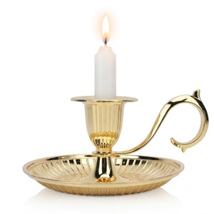 Gold Brass Chamberstick <b>Candle</b> Holder Handled Taper Stand Vintage Round Fluted <b>Dish</b> Base Candleholder Home Table Decor Party - Product Image 1