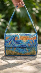 Handmade <b>Green</b> Beaded <b>Clutch</b> Bag Butterfly Moon Embroidery Pattern Short Handle Evening Handbag - Product Image 6