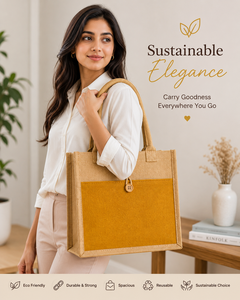 Sac fourre-tout réutilisable en jute de taille moyenne avec fermeture à bouton, poignée longue, couleur moutarde, option logo personnalisé, pour courses - Product Image 3